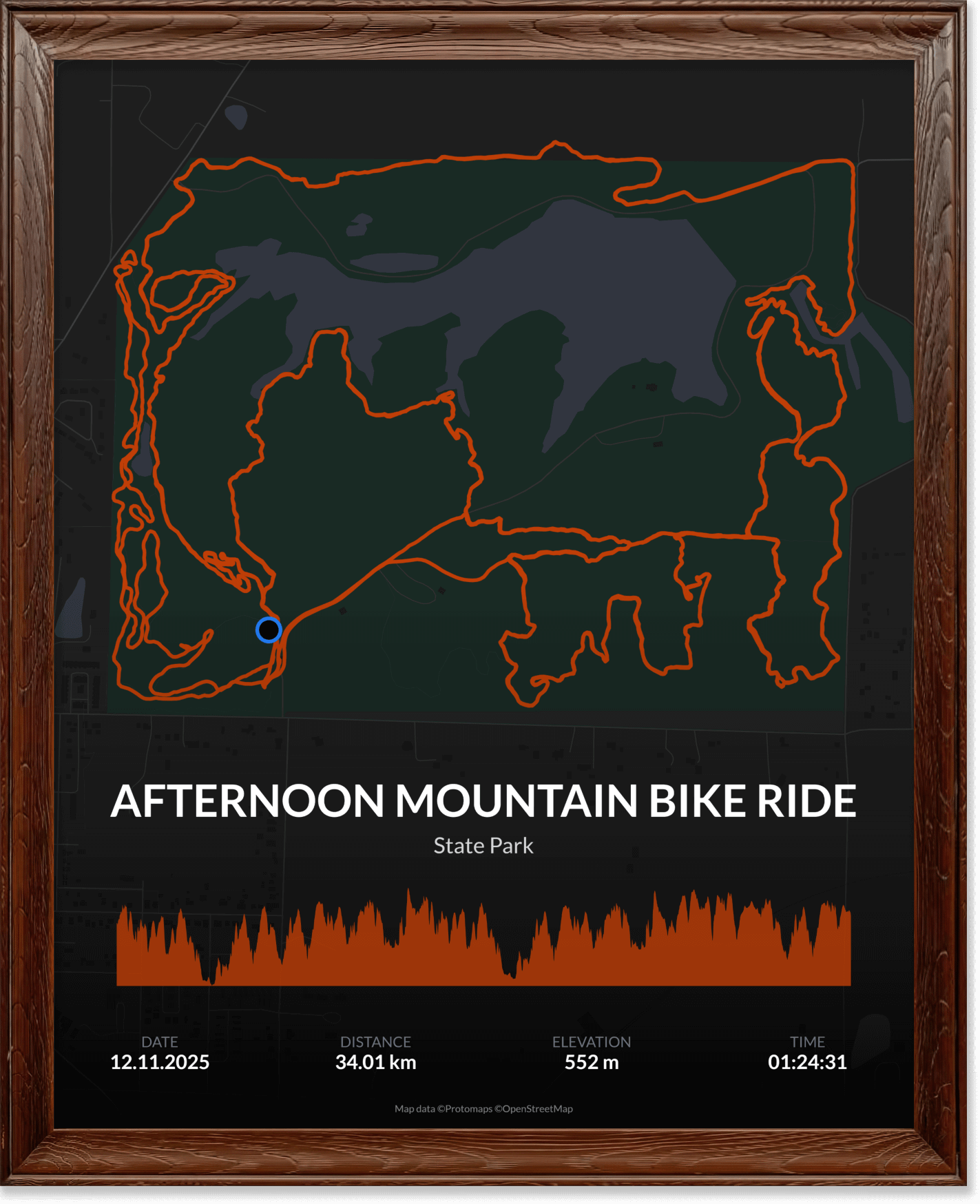Framed PathPosters mountain bike route poster with orange route line