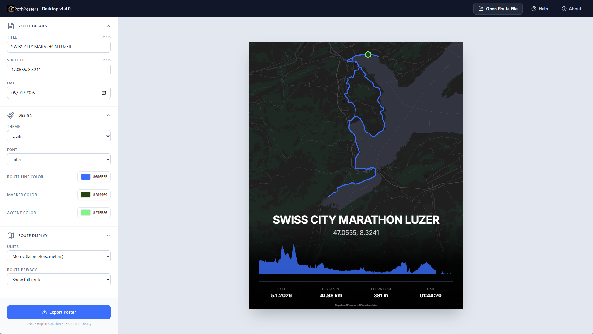 PathPosters desktop app preview showing route controls and a map poster export